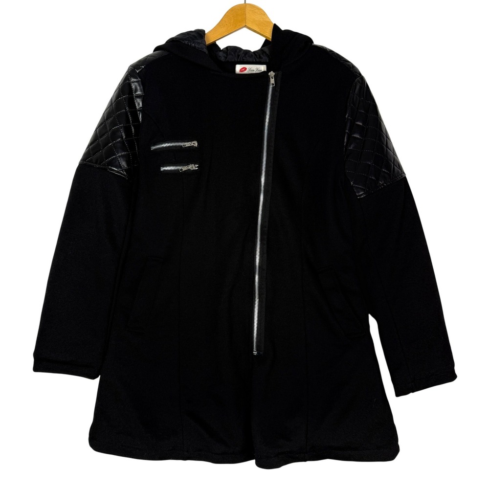 Xian Xian Womens Black Quilted Faux Leather Trim Hooded Moto Jacket XL NWOT‎